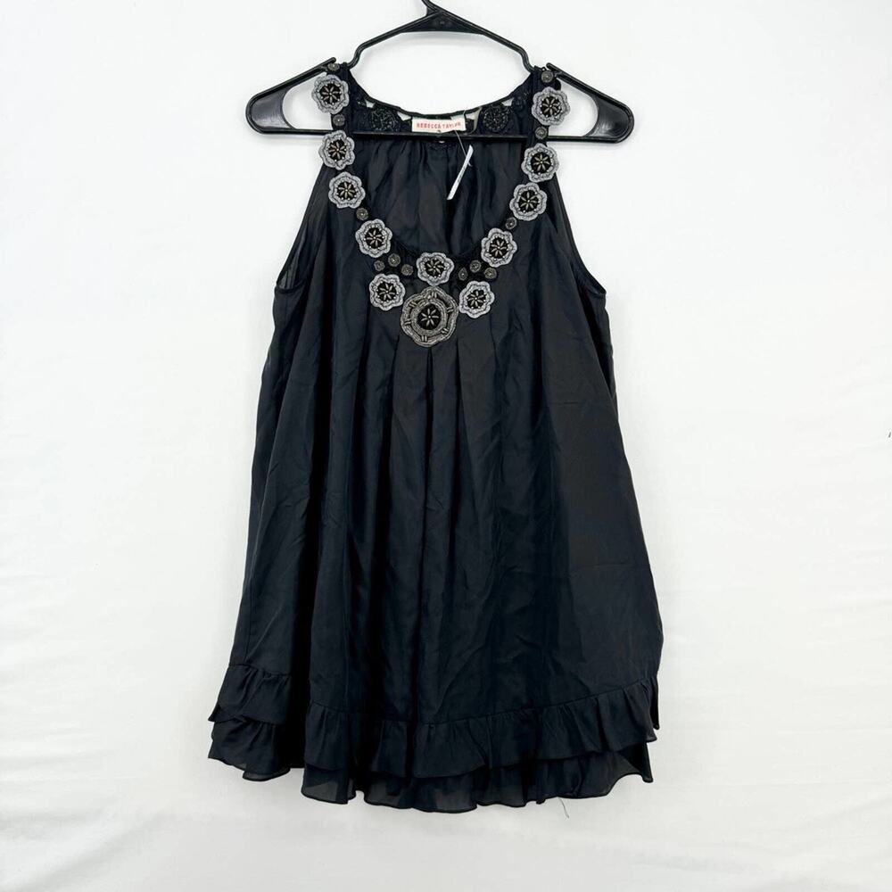 Rebecca Taylor 100% Silk Sleeveless Boho Black V Neck Blouse Size 6